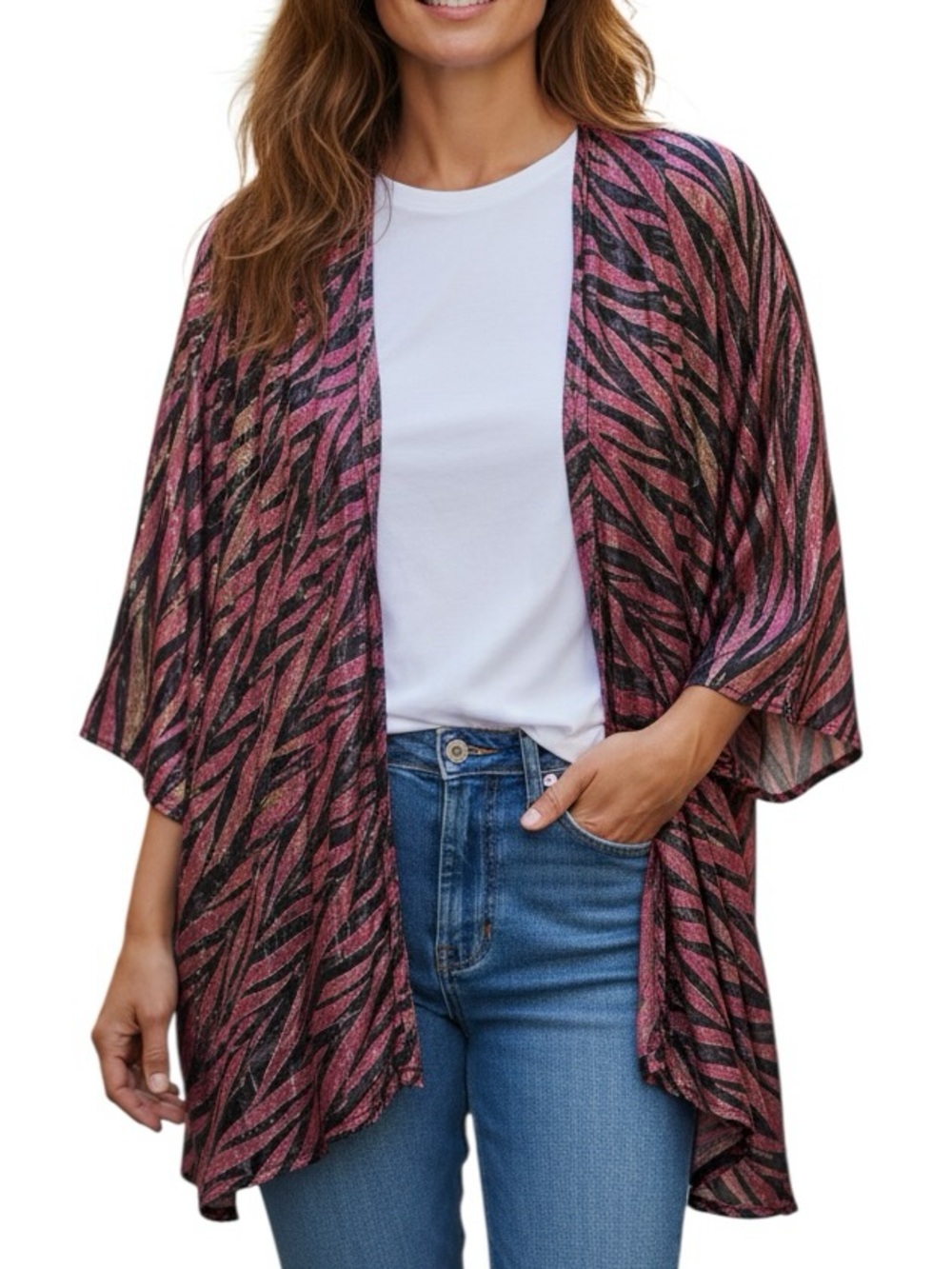 DAYTRIP: Tropical Print Shimmery Long Sleeve Cardigan -Size Small